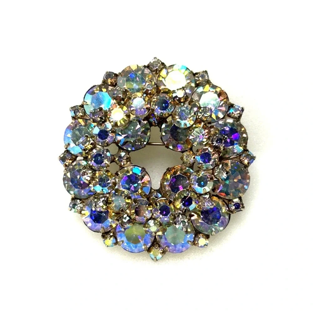 Brooch and Earring Set AB Aurora Borealis Rhinestones Large Vintage Prong Set
